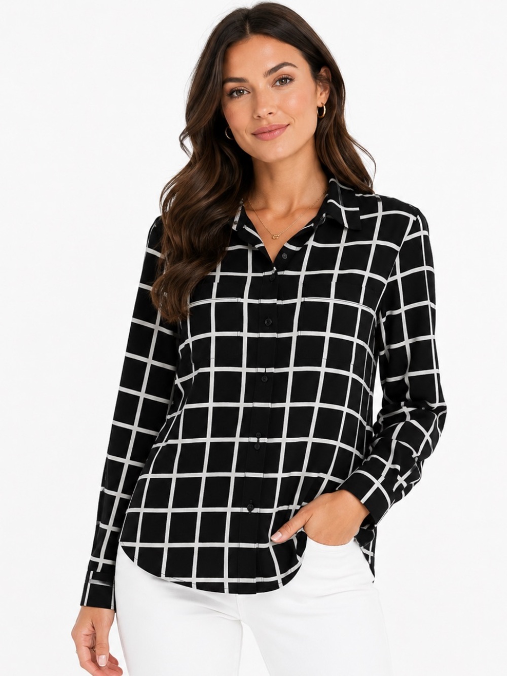 Calvin Klein Windowpane Button-Down Blouse Black White Career Classic — Size M